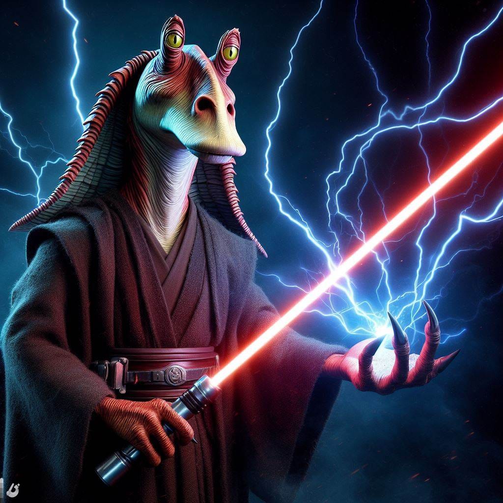 jar jar binks as a Sith Lord holding a red lightsaber and shooting lighting out of one of his hands
