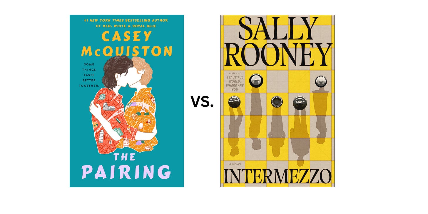 Book cover images for The Pairing by Casey McQuiston and Intermezzo by Sally Rooney