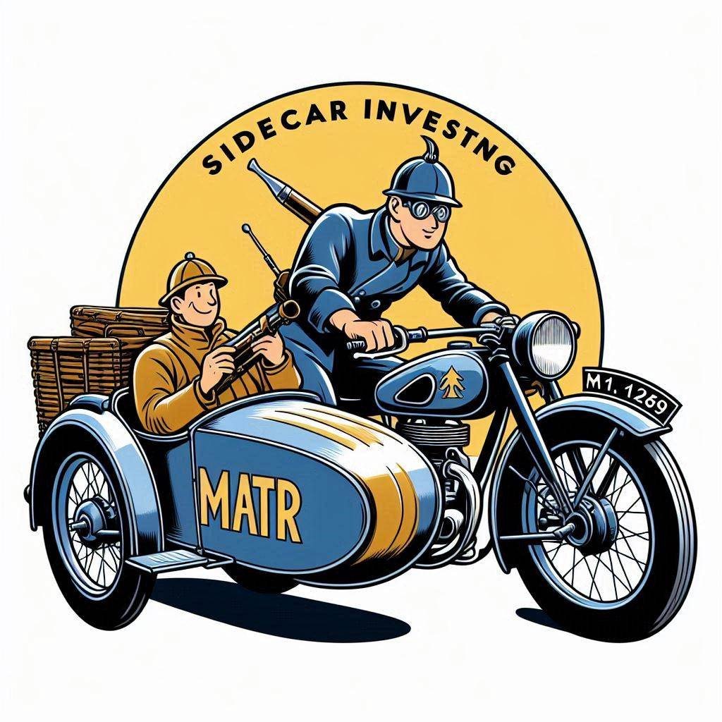 make me an image for "sidecar Investing" with an old fashioned motorcycle and sidecar in the style of tintin with the letters "MATR" on the side