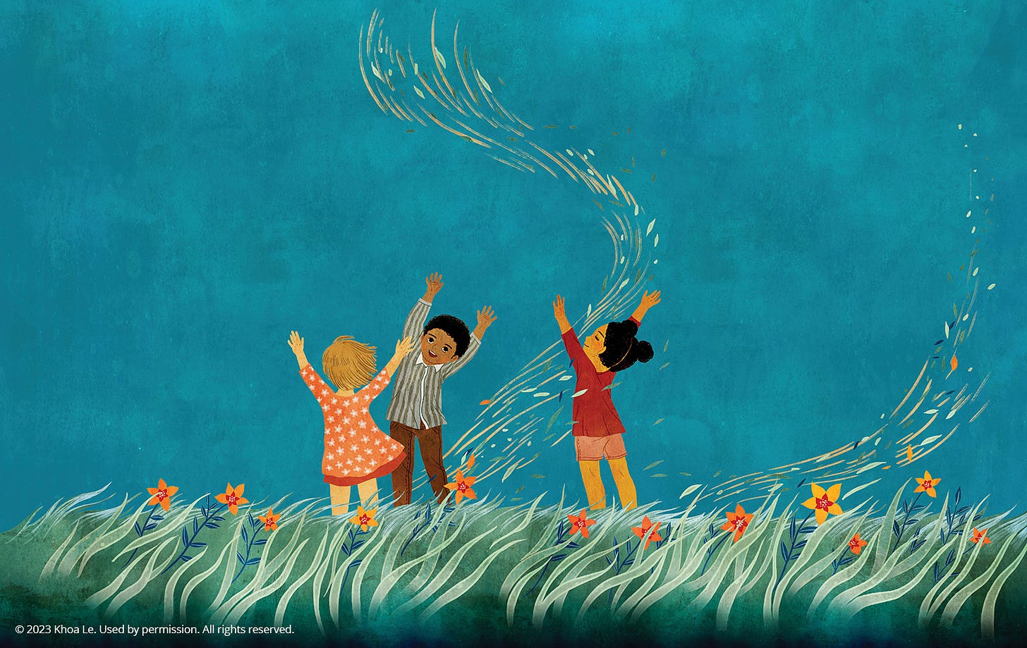 An illustration of three children reaching their arms up joyously in a windy field.