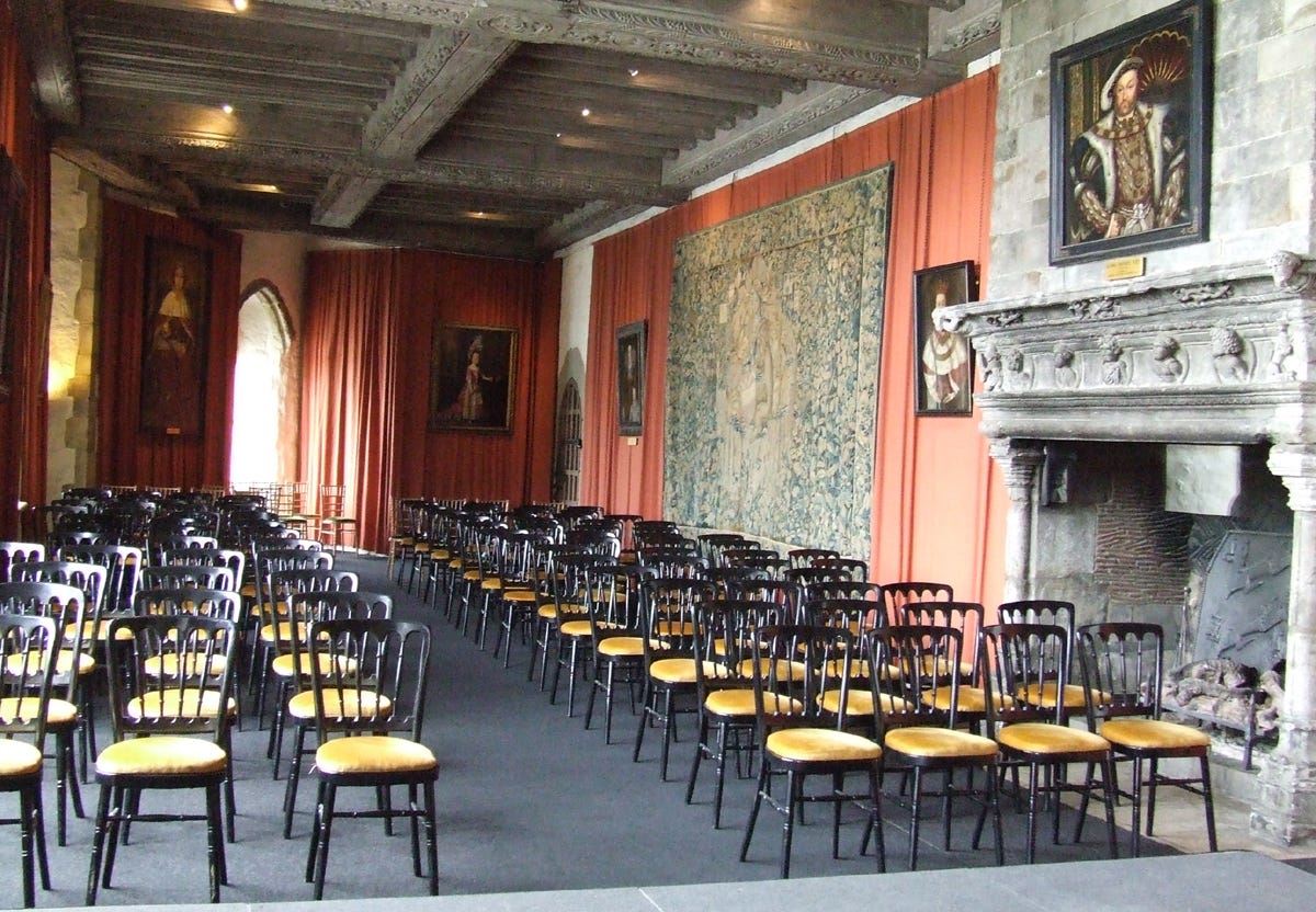 Banqueting hall inside the Gloriette, created for King Henry VIII — set out for a modern wedding.