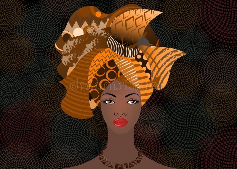 Portrait beautiful African woman in traditional turban, Kente head wrap African, Traditional dashiki printing, black women vector stock illustration