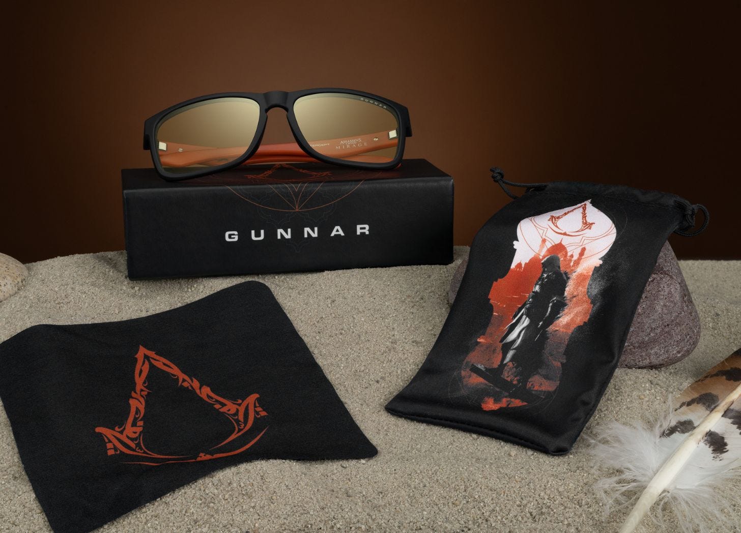 Gunnar Optiks Assassin's Creed Mirage glasses with microfiber pouch and cloth