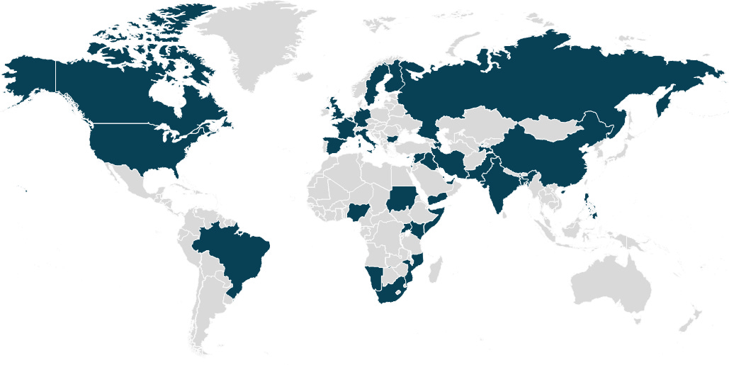 A map of the world in grey. Countries mentioned below are highlighted in blue.