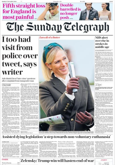 I too had visit from police over tweet, says writer Julie Bindel faced ‘hate crime’ questions after complaint from transgender man The Sunday Telegraph17 Nov 2024By Nick Gutteridge and Henry Bodkin ONE of Britain’s most prominent feminist writers has revealed that police visited her home to warn they were investigating one of her tweets as a “hate crime”.  Julie Bindel has said she received a knock on the door from two Scotland Yard officers on a Sunday afternoon who told her a “transgender man” from the Netherlands had reported one of her social media posts.  The case bears a striking resemblance to the ongoing police investigation into Telegraph columnist Allison Pearson and will add to the growing concerns over the curtailing of free speech in Britain.  Ms Bindel, a longstanding campaigner on violence against women and critic of gender ideology, said she was not allowed to know which tweet had prompted the investigation, under what category of hate crime it was being investigated, nor the identity of the complainant. The officers asked her to voluntarily attend her local police station to make a statement, she said, but she refused.  She described the visit as “Orwellian” and said detectives “could better use their time investigating rape and domestic violence”.  Last night, a former head of MI6 criticised hate crime investigations into journalists as “ridiculous” and a waste of police time.  Allison Pearson, a Telegraph columnist, is currently being investigated by Essex police over an unspecified tweet she posted a year ago.  Two officers visited Pearson’s home on Remembrance Sunday over what they described as “an incident or offence of potentially inciting racial hatred online”.  Ms Bindel told this newspaper: “Police coming after those of us that do nothing more than speak the truth about gender madness and refuse to bend the knee to the crazy cultists, are doing a massive public disservice. Unless there is a very good reason not to, we must all publicly protest this terrible infringement of our human rights.”  Ms Bindel said the incident was witnessed by multiple people who were in her house at the time. The Metropolitan Police said it had no record of the incident.  Writing in The Telegraph she says: “The officers left looking a little bewildered. I did have a sense that they understood what a ridiculous mission they had been sent on.”  Speaking of the visit, which took place in 2019, she added: “Police have limited time to investigate actual crime, but are instead being tasked with ticking off the likes of me for daring to tweet that ‘trans women are not women’ or whatever the person in Holland had objected to.”  A former Tory MP also last night discussed how a “non-crime hate incident” was recorded against his name following a complaint from a Labour activist.  Tom Hunt, who represented Ipswich, said the incident was recorded against him after he had raised concerns that “certain communities” were disproportionately responsible for crime in the city centre.  Mr Hunt said that Ms Bindel’s case showed how reporting of alleged hate  crimes had become “an absolute free for all” and said ministers must “nip it in the bud”. He said: “The fact that not only do you not have to be a victim, you don’t even have to be in the same jurisdiction, it’s just beyond ludicrous.”  The former Ipswich MP was reported to Suffolk police for a non-crime hate incident shortly after being elected at the 2019 election.  The complaint related to a local newspaper column in which he had written of the need to “confront the possibility that a disproportionate number of crimes are committed by individuals from certain communities”. Mr Hunt said it had been made by a local Labour activist and that, though he faced no criminal investigation, he believed the incident was still on his record.  He added: “It’s a deliberate tactic of the Left to try and drag the long arm of the law in to stifle legitimate debate and cower the Right and Conservative voices.”  Sir Richard Dearlove, a former head of MI6, said the investigation into Pearson was “ridiculous” and officers “shouldn’t be wasting their time on these sorts of issues”.  He said: “I think those of us who have grown up in an era of free speech just can’t understand the way things have developed. It’s extraordinary. There are other ways of tracking extremism and I don’t think doing stuff which prejudices people’s freedom of speech is a sensible starting point.  ‘If it’s the Iranian Revolutionary Guard or Hamas, that’s what they should be looking at’  “If it’s the activities of the Iranian Revolutionary Guard Corps in the UK or serious stuff to do with Hamas, that’s what they should be looking at.” Baron Stevens, a former Met commissioner, said that police forces should be using scarce resources on violent crime.  “We need officers on the streets for prioritising things like knife crime and violence,” he said. “Public safety should be the biggest priority.”  Two former home secretaries said hate crime investigations were distracting the police from their core duties to the public.  Suella Braverman said: “The time has come for this insidious practice to be scrapped. Police the streets, not tweets – that’s what the British people expect.”  Grant Shapps said: “These incidents, where no actual crime has been committed, feel like the kind of thing that both waste police time and reduce the public’s trust in policing. It would surely be better for law enforcement to focus on actual crimes.”  Essex police defended its handling of the case in a statement on Saturday, saying it had been launched because “a complaint of a possible criminal offence was made”.  The force said: “We police without fear or favour and that’s why we respond to alleged offences which are reported to us by members of the public.”  It released a transcript of the conversation that officers conducted with Pearson, which was captured on their body-worn video cameras. In it an officer told her that “it’s gone down as an incident or offence of potentially inciting racial hatred online. That would be the offence.” They added: “It’s what’s been alleged and if there’s an offence we need to ask questions about then we need to do that.”  A spokesman for the Met said: “We take all reports of hate crime extremely seriously and are committed to investigating allegations thoroughly and impartially where they are made.  “Our approach seeks to balance the right to free speech with our duty to protect individuals and our communities from harm.”  Article Name:I too had visit from police over tweet, says writer Publication:The Sunday Telegraph Author:By Nick Gutteridge and Henry Bodkin Start Page:1 End Page:1