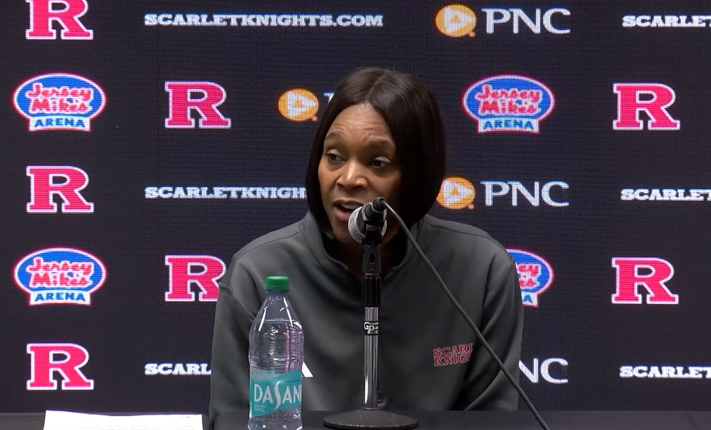 Rutgers coach Coquese Washington speaks to reporters following a loss on Jan. 15, 2025. (YouTube screengrab via Rutgers Football)