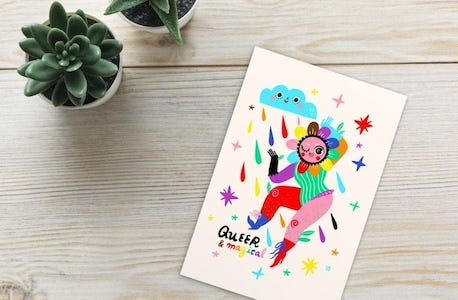 a postcard of a colorful figure with petals around their face and the text Queer and Magical