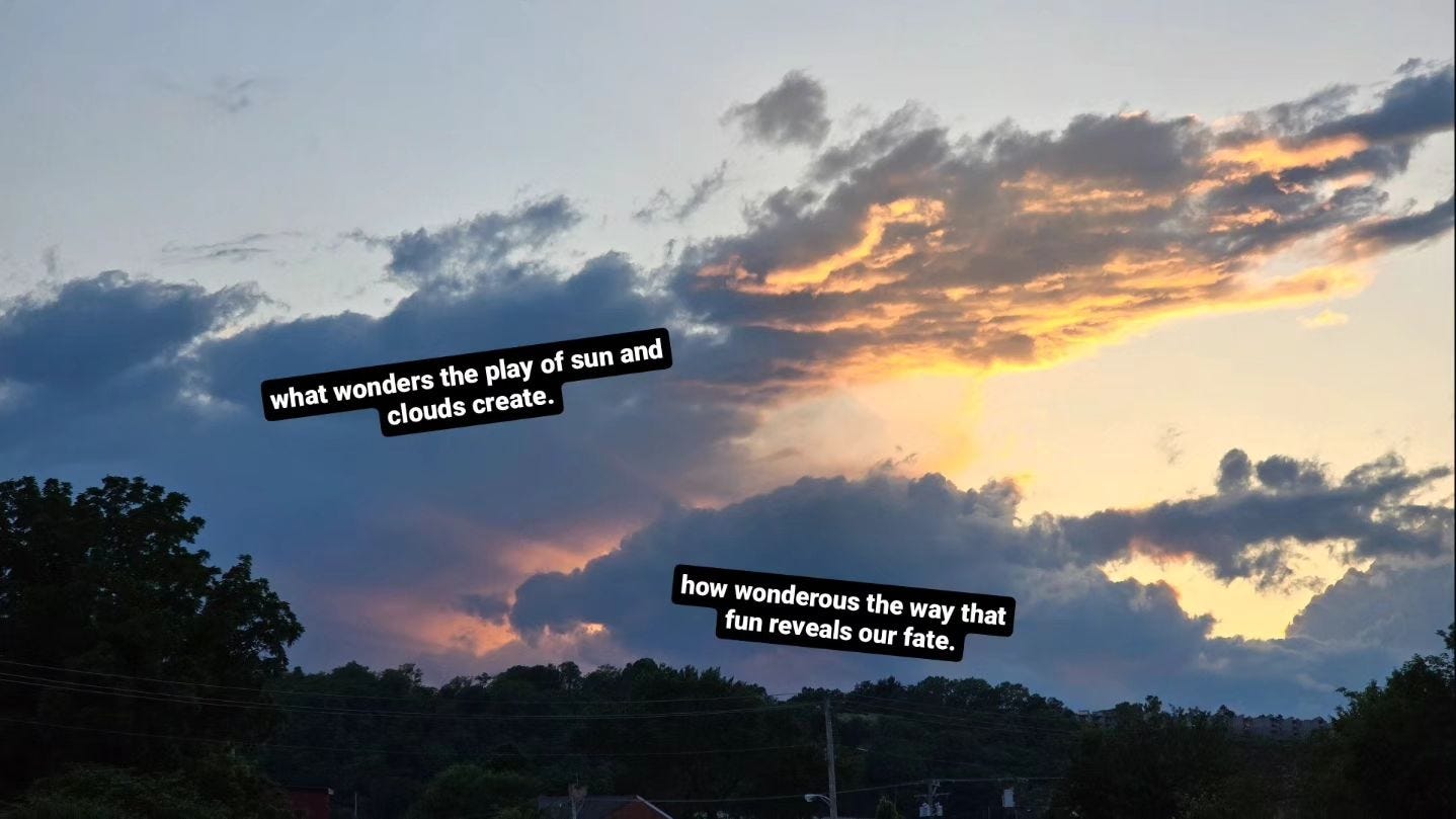 Photo by Bruce Starlove on May 30, 2024. May be an image of twilight, horizon, cloud and text that says 'what wonders the play of sun and clouds create. how wonderous the way that fun reveals our fate.'.