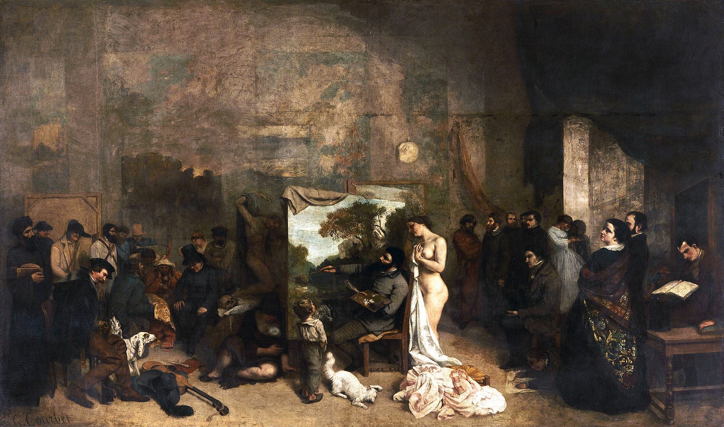 painting of an artist in his studio surrounded by people