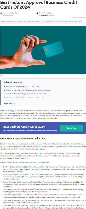 Best instant approaved business credit cards by Forbes Advisor