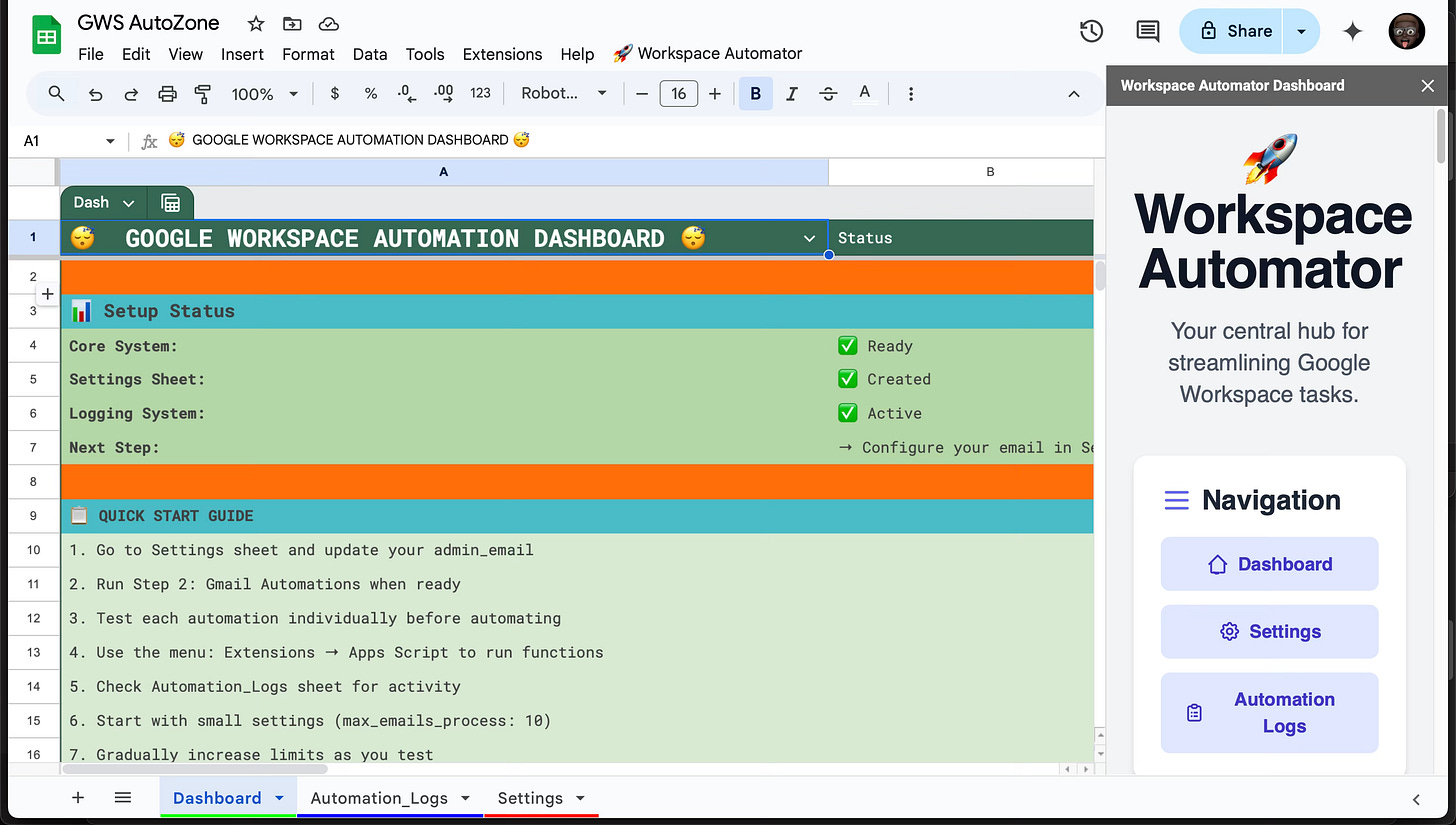 My google sheets dashboard that automates my google workspace apps!