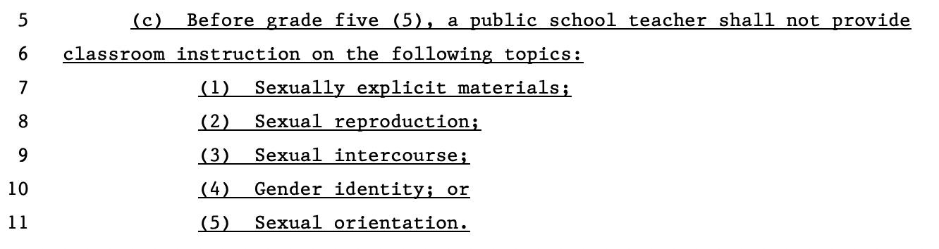 (c) Before grade five (5), a public school teacher shall not provide 6 classroom instruction on the following topics: 7 (1) Sexually explicit materials; 8 (2) Sexual reproduction; 9 (3) Sexual intercourse; 10 (4) Gender identity; or 11 (5) Sexual orientation.
