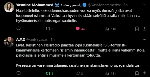 Kansainvälisesti arvostettu ja sosiaalisessa mediassa satoja tuhansia seuraajia omaava ihmisoikeusaktivisti, sekä suosittu kirjailija Yasmine Mohammed kysyi Yleisradiolta seuraavasti, mihin vastasin.