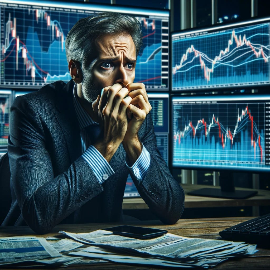 An investor sitting at a desk, looking deeply concerned and stressed. The investor is surrounded by multiple computer screens displaying various stock market graphs and charts, all showing a sharp downtrend. The investor's expression is one of profound worry, with deep furrows on the brow, wide eyes, and a hand covering the mouth in dismay. The room is dimly lit, adding to the atmosphere of concern, with financial newspapers and documents strewn across the desk in a disorganized manner, indicating a tense investment environment.