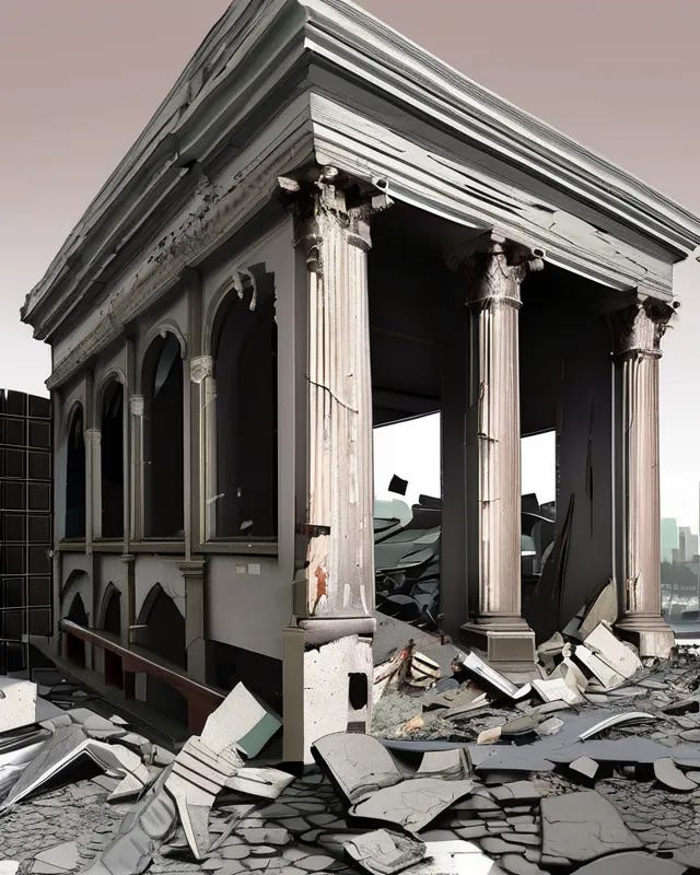 a bank in ruins