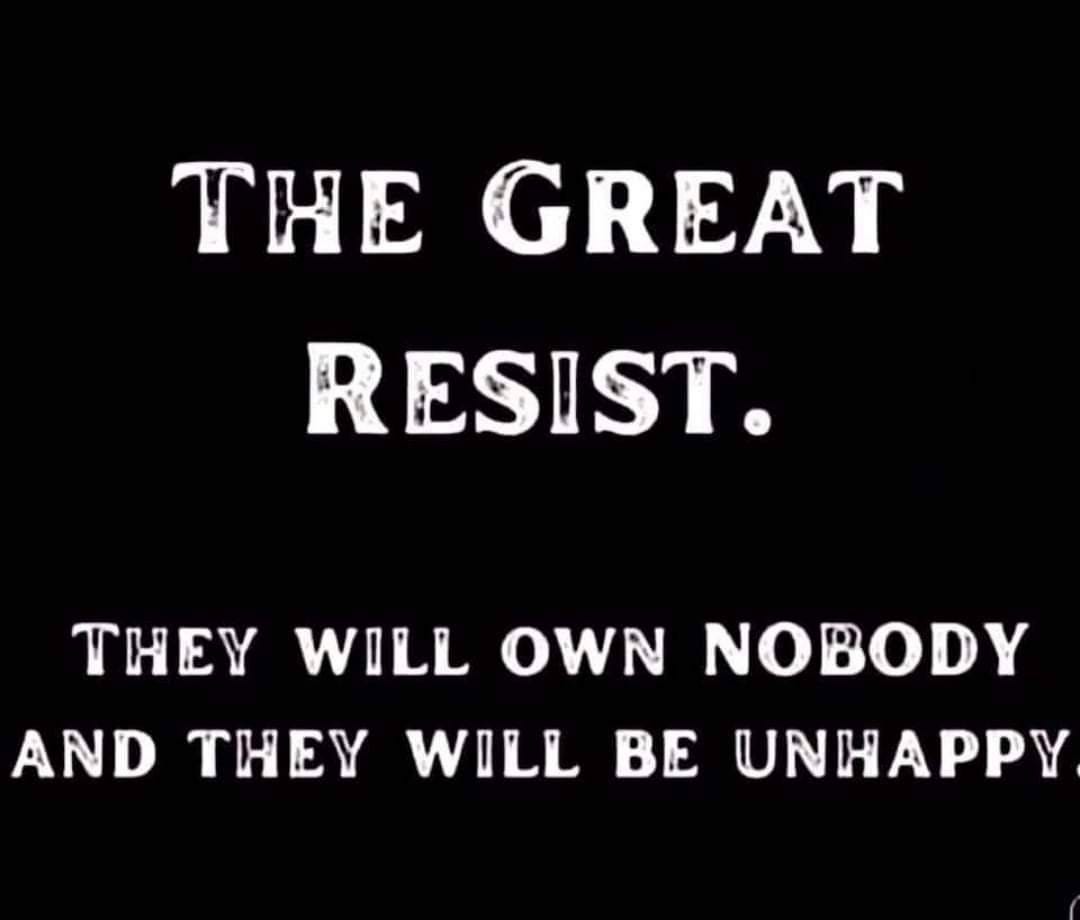 May be an image of text that says 'THE GREAT RESIST. THEY WILL OWN NOBODY AND THEY WILL BE UNHAPPY'
