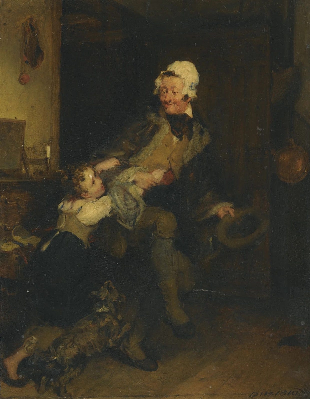 A man dragging women's clothes from a chest of drawers putting them on over his clothes which his daughter grabs his wrist and a dog looks on excitedly. The figures are wearing white and mustard yellow, burgundy and brown and are dressed in relatively common clothing for 1800s England 