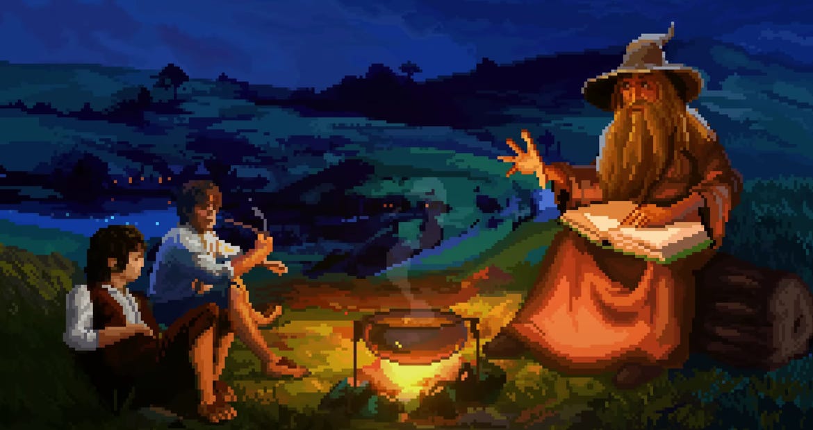 A lowfi low res image of frodo, sam and gandalf around a campfire. Gandalf has his hand out but Sam isn't passing the pipe