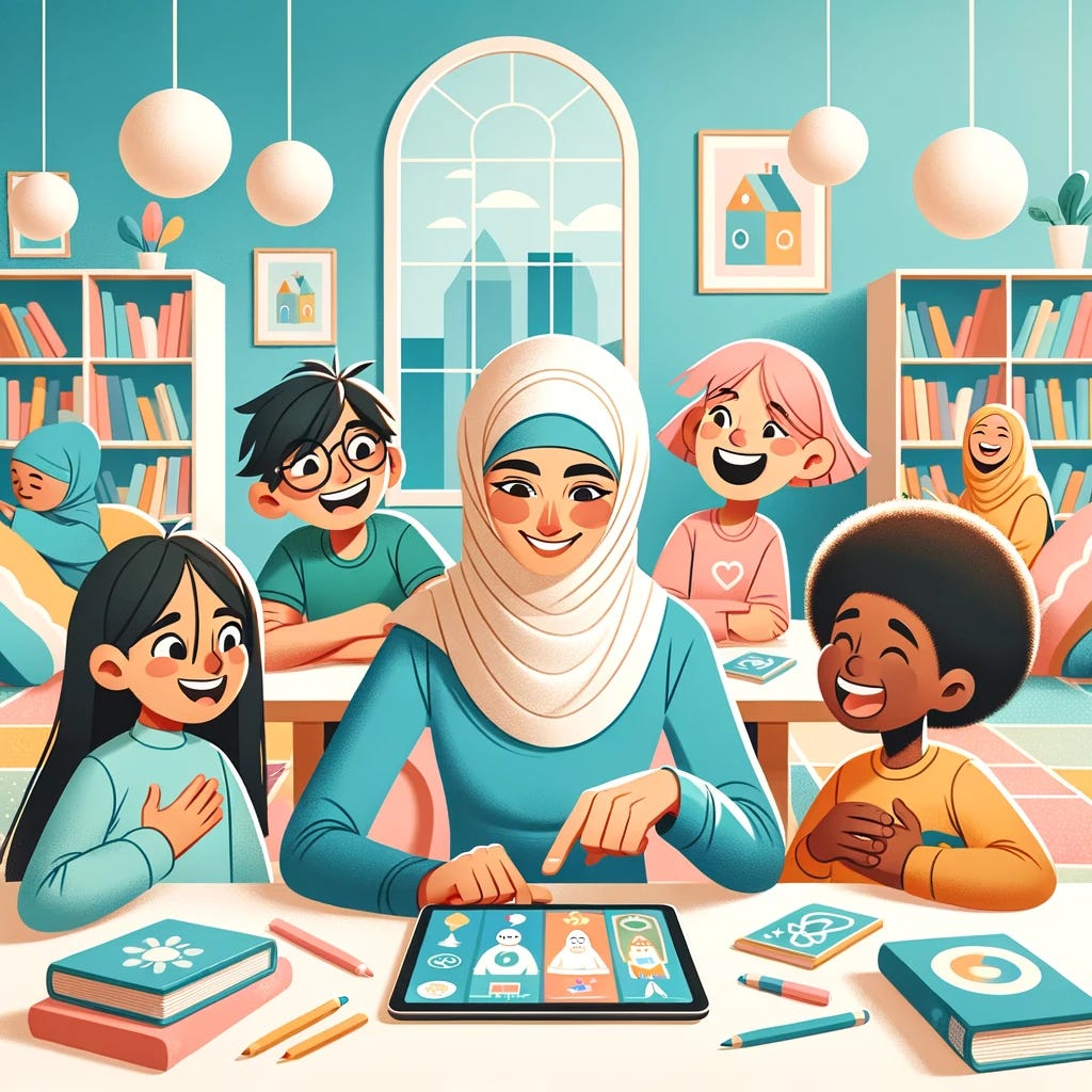 A modern cartoonish style illustration of a cozy library scene where community tutoring takes place, designed with a bright pastel color scheme. A Middle Eastern female community member is using a tablet to show an interactive educational game to a group of students, including a Caucasian boy and an African American girl, both showing expressions of curiosity and excitement. The room is decorated with soft-shaped furniture, round lights, and simplified bookshelves, creating a welcoming and inclusive atmosphere. Emotionally expressive characters include a boy of East Asian descent laughing with joy as he finally grasps a scientific concept, with the help of a European male community member using a fun, illustrated book.