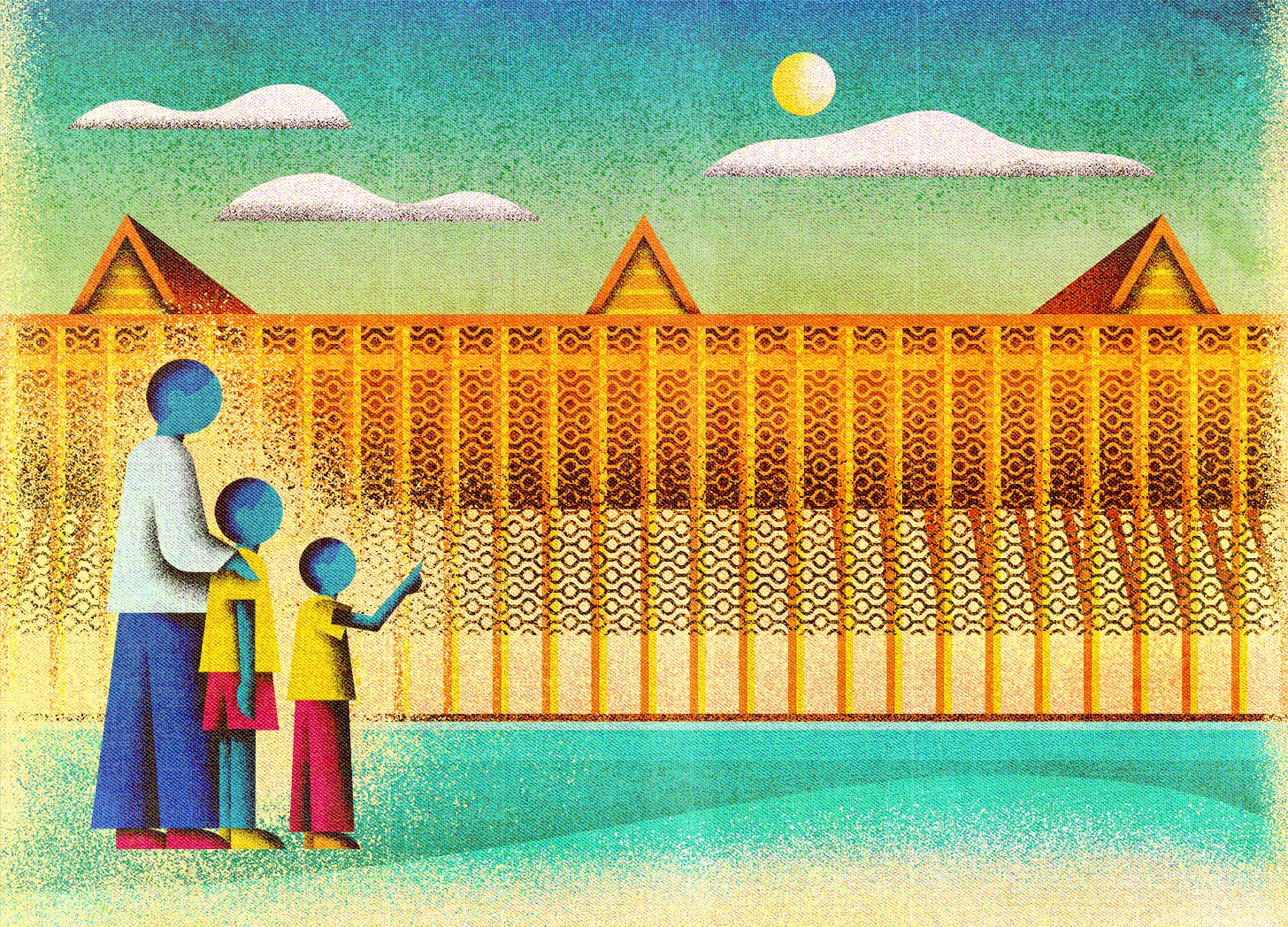 Textured, semi-abstract illustration of a parent and two kids standing before a modern-looking building