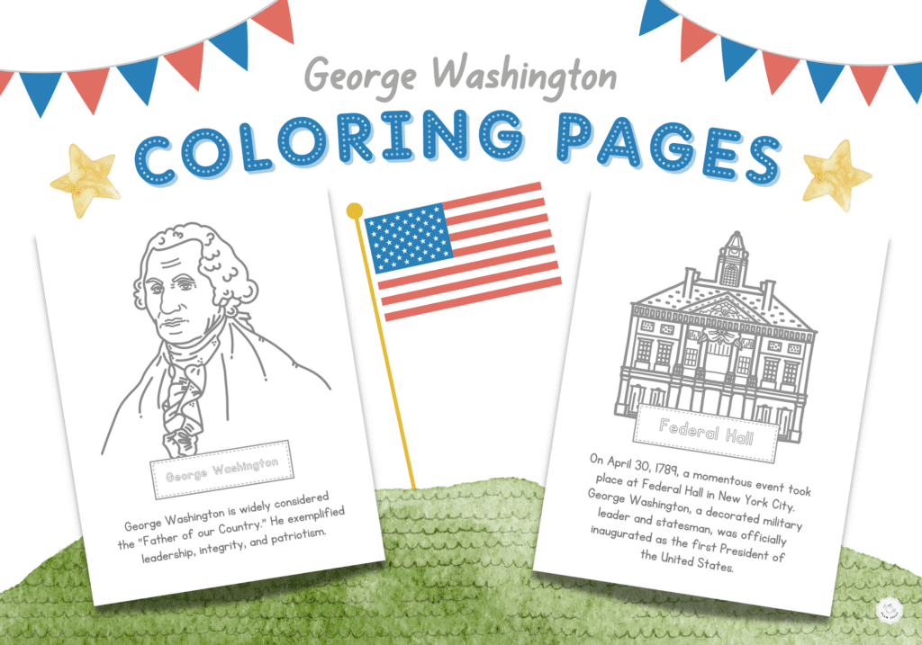 This George Washington coloring page featured image shows a coloring image of George Washington and also of Federal Hall.