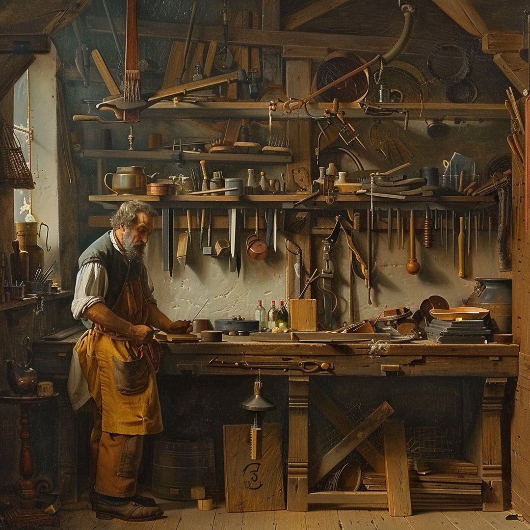 Painting made in classical style, a craftsman is standing in his workshop.