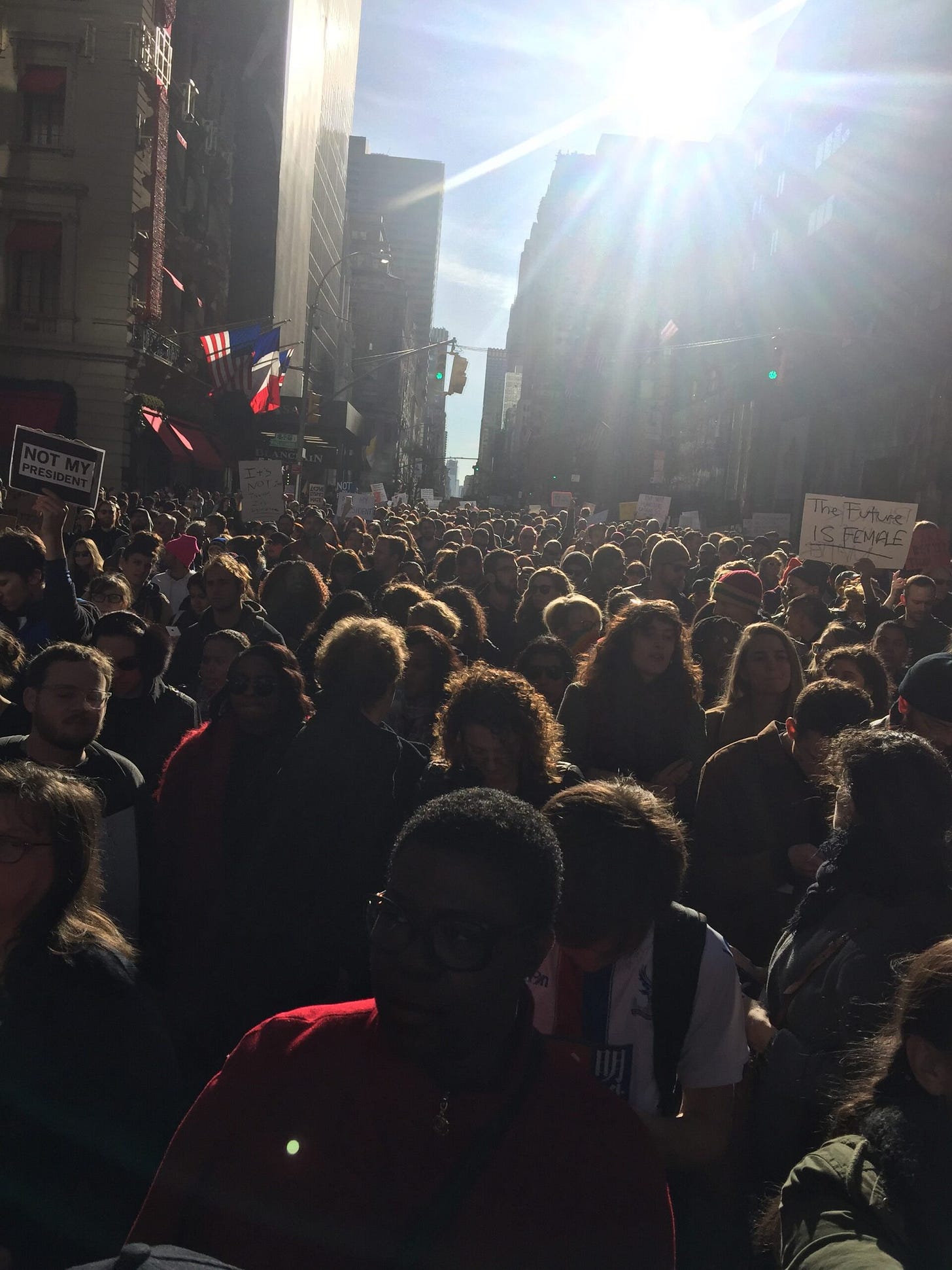 Photograph of a 2016 protest march in New York City. Protestors completely fill the street and sidewalks as far as you can see. Their heads and hair are lit from behind by a bright sun blazing overhead. Two signs can be made out. One says The Future is Female and another says Not My President. 