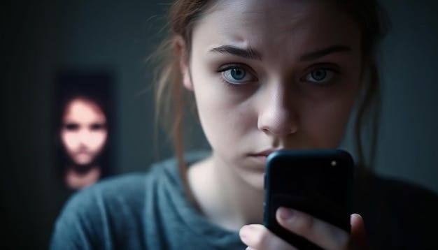 Sad young woman looking at phone screen generated by AI