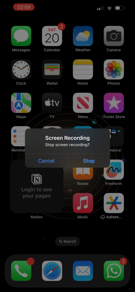 Screenshot showing stop screen recording with option to stop or cancel.