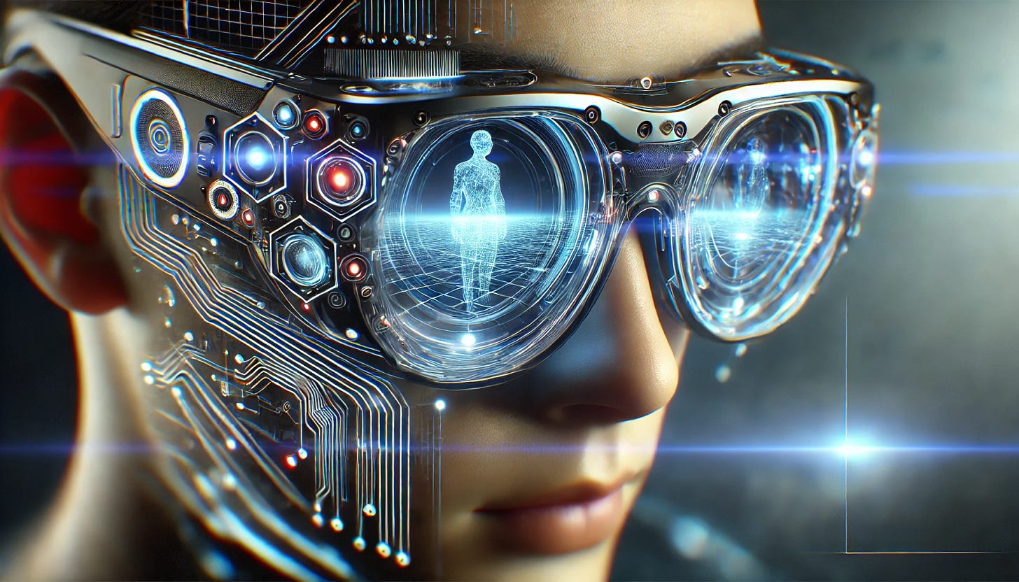 A close-up and highly detailed futuristic illustration of AR or VR glasses. The glasses are sleek and advanced, featuring glowing holographic displays and intricate circuits visible on the surface. The lenses project immersive holographic content, such as 3D models, virtual controls, or digital overlays of the surrounding environment. The background is softly blurred, emphasizing the cutting-edge design and functionality of the glasses. The image captures the essence of AR/VR technology with vibrant lighting and dynamic details.