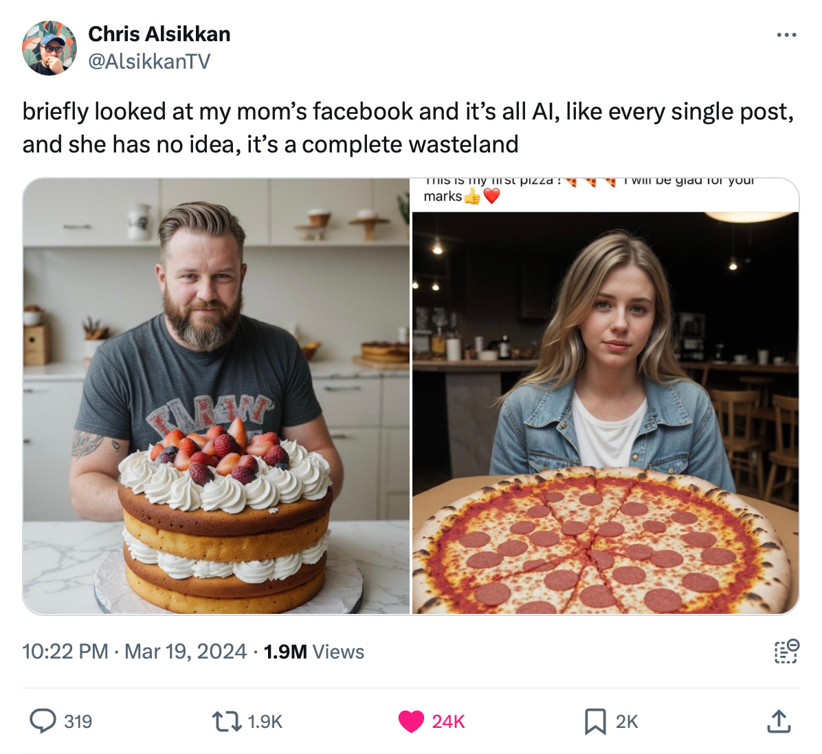 screenshot of Chris Alisikkan tweet: "briefly looked at my mom's facebook and it's all AI, like every single post, and she has no idea, it's a complete wasteland" with two AI-generated pictures below the text