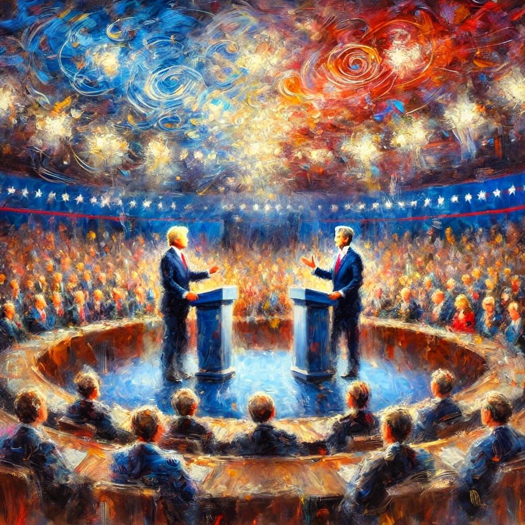 An impressionist painting of two male presidential candidates debating on a stage. The background shows a large audience with blurred, indistinct faces, and colorful, swirling lights above them. The candidates stand at podiums, gesturing animatedly as they debate. The scene is full of movement and vibrant colors, capturing the intensity and dynamism of the moment. The style features loose brushstrokes and an overall dreamlike, somewhat abstract quality.