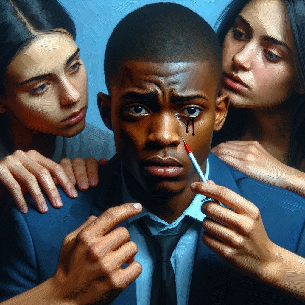 Un jeune homme noir qui veut arrêter une addiction aux femmes, le tout en style peinture d'huile sous fond bleu