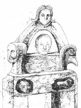 A black and white sketch of an arched stone shrine topped by a head with long hair, below that by the bearded head and the rams head with the corleck head in between, and bolow that two niches, one which contains a smaller stone head which is now in the Cavan Museum, and another figure which appears to be that of a horse.