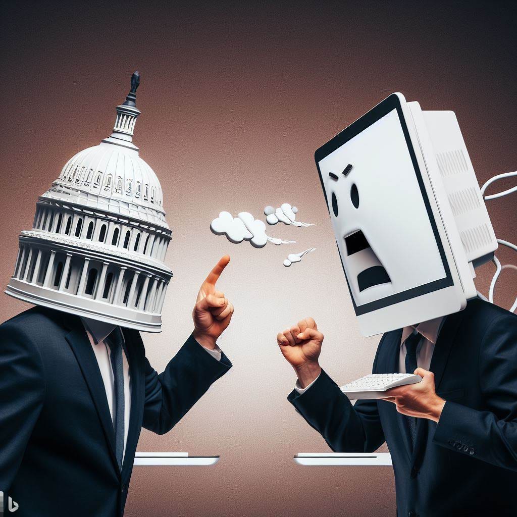 person with the US capitol building as their head, yelling at a person with a computer head