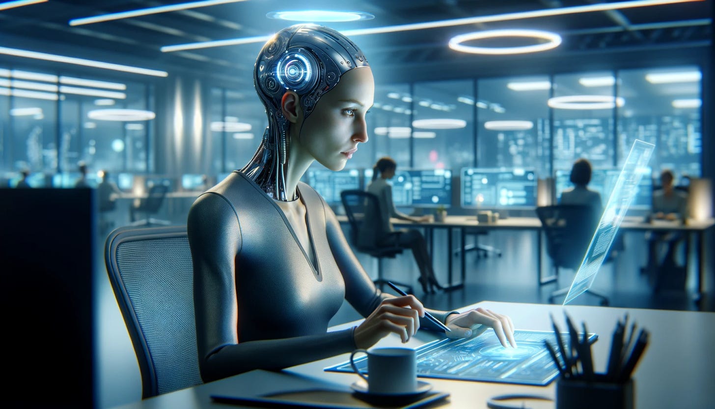 a cyborg woman sitting at a desk with coffee in-front of a floating computer screen