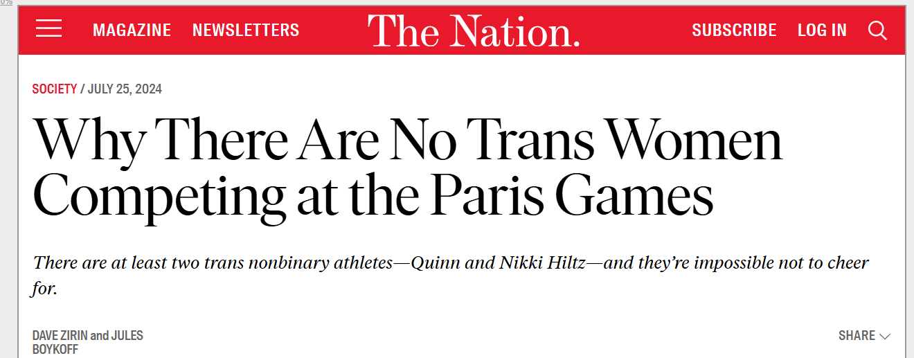 A headline in The Nation that reads: Why There are No Trans Women Competing at the Paris Olympics