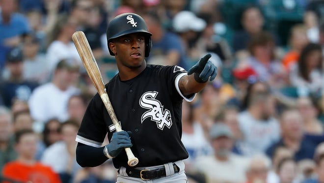 Chicago White Sox's Tim Anderson points to first base in the third inning of a baseball game against the Detroit Tigers in Detroit, Friday, May 25, 2018. (AP Photo/Paul Sancya)