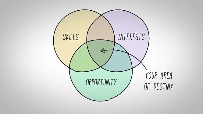 intersection of skills, interests, and opportunity is your area of destiny; similar analogy for consulting niche
