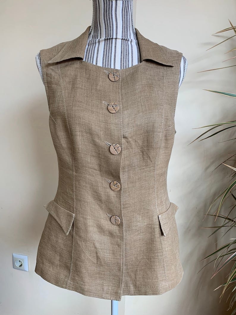 Vintage Cream Beige Button Down Sleeveless Blazer, 80s Linen Blend Vest for Women, Light Brown Collared Waistcoat, Minimalist Coat Size M image 1