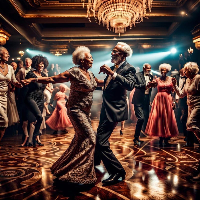 older people dressed up dancing on a dance floor