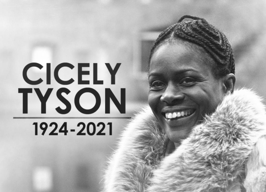 This black-and-white photo of Cicely Tyson smiling while wearing a mink stole was taken in 1973. Tyson appears on the right side of the frame, while, on the left, her name is printed above the years "1924-2021" (to mark the years of her birth and death).