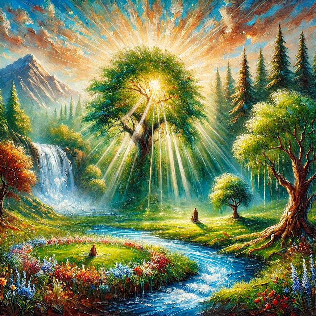 A captivating oil painting in an impressionist style with thick brush strokes, featuring a harmonious landscape that symbolizes natural healing and balance. The scene includes a vibrant forest with lush, green trees and a flowing river symbolizing detoxification and cleansing. Rays of sunlight gently break through the trees, representing divine intelligence and positive energy. A serene meadow filled with colorful wildflowers conveys vitality and nourishment, while a distant mountain evokes spiritual alignment. The composition is grounded in warm earthy tones, rich greens, and soft blues, creating a serene yet uplifting atmosphere that embodies the interconnectedness of mind, body, and spirit.