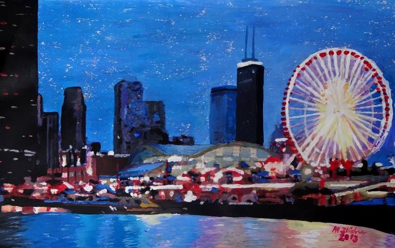 Chicago Skyline With Ferris Wheel Painting by M Bleichner | Saatchi Art