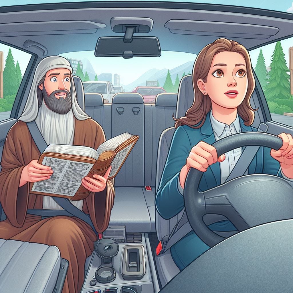 Woman driving car listening to Biblical Character read. Image by Bing.
