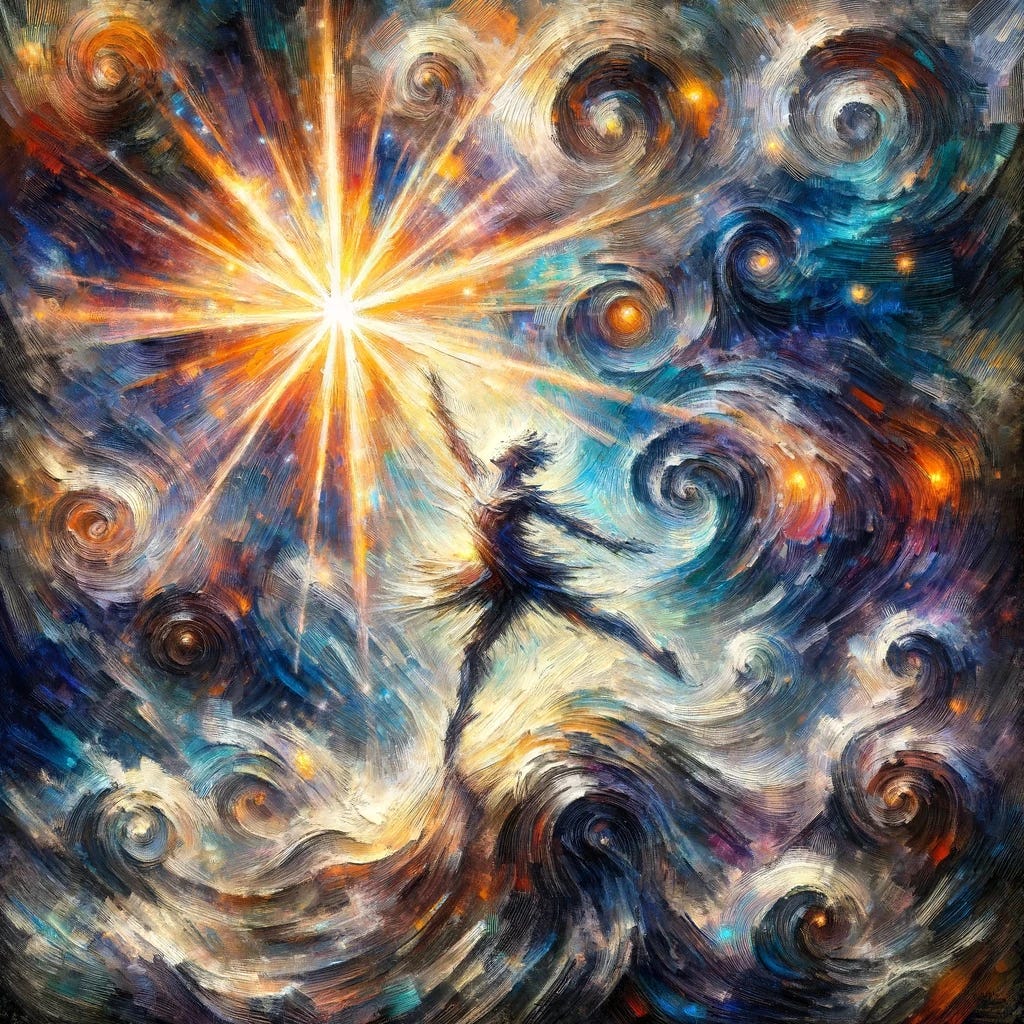A visual interpretation of the quote « Il faut encore avoir du chaos en soi pour enfanter une étoile qui danse », in an impressionist style. The image should feature a chaotic, swirling background, perhaps with a blend of dark and bright colors symbolizing inner turmoil and creativity. In the center, a bright, dancing star should emerge, shining brilliantly against the chaotic backdrop. The star should be depicted in a way that conveys movement and vitality, embodying the concept of a dancing star. The overall style should mimic the techniques of impressionism, with loose brushwork and a focus on the play of light and color, rather than precise details.
