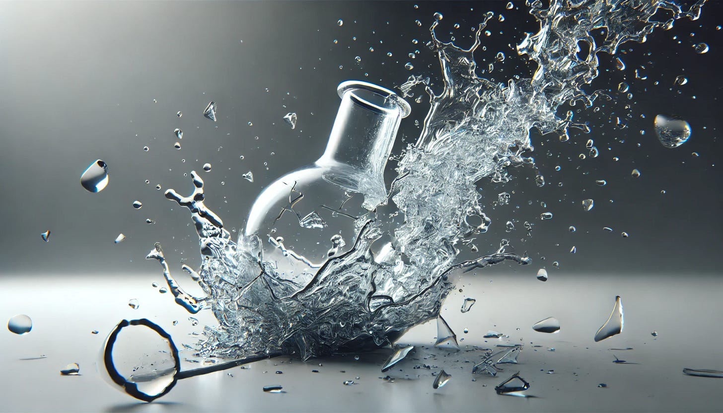 A photorealistic image of a volumetric flask mid-destruction as it hits the floor, with shards of glass breaking apart in motion. Clear liquid is spilling out realistically, splashing and reflecting light. The background is removed, showing only the floor where the flask is shattering. The scene is captured in high detail, with sharp focus on the breaking glass and dynamic liquid motion.