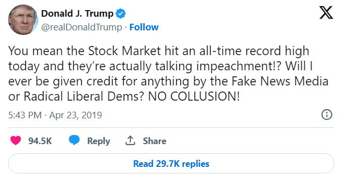 You mean the Stock Market hit an all-time record high today and they’re actually talking impeachment!? Will I ever be given credit for anything by the Fake News Media or Radical Liberal Dems? NO COLLUSION!