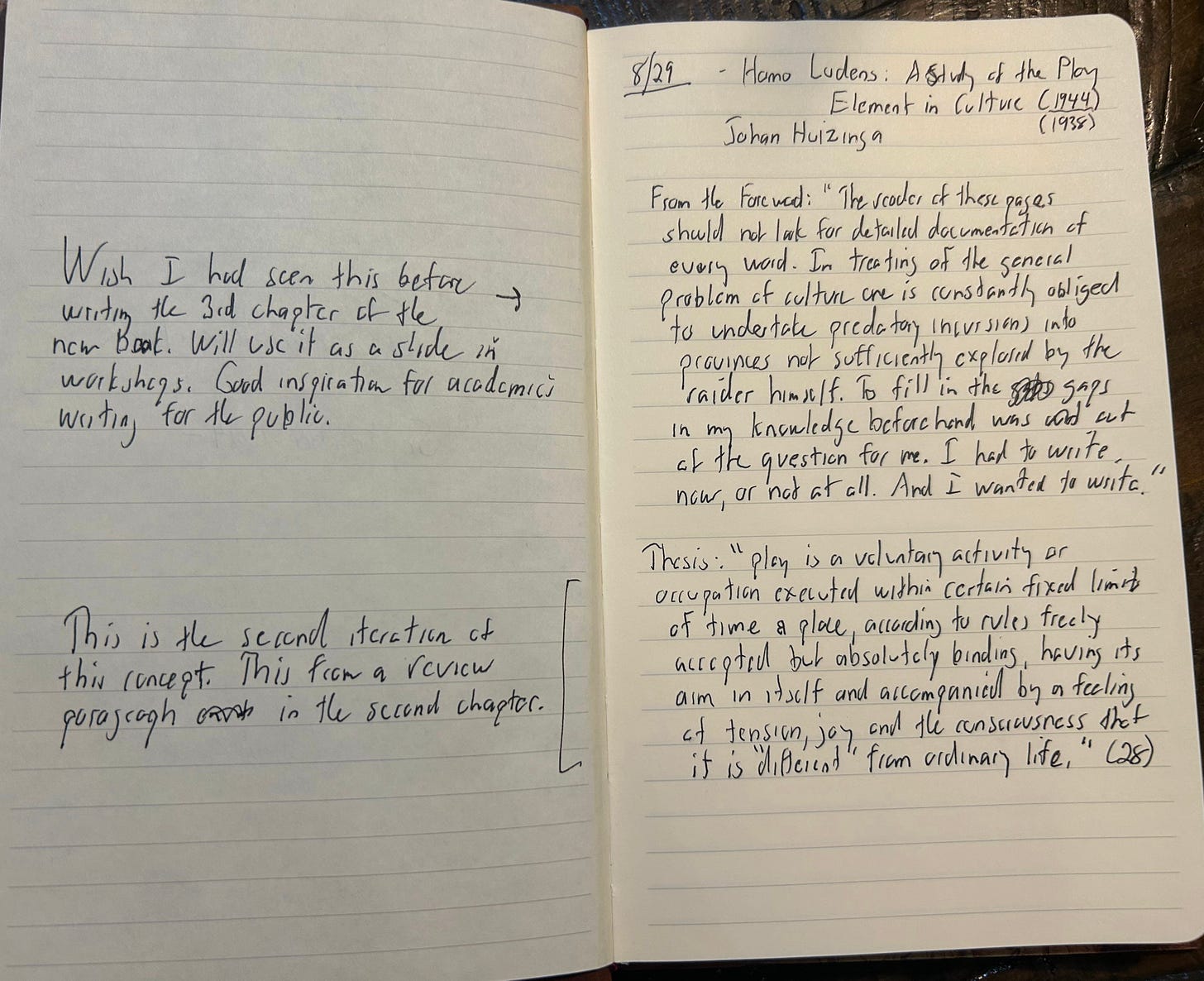 Two facing pages of one of the notebooks described in the image above. On the right side, two quotes are copied out in barely legible handwriting from Johan Huizinga's book Homo Ludens. On the left side, a few sentences of commentary on those quotes in the same handwriting.