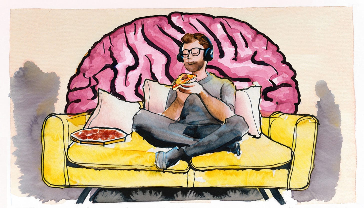 Jamie (and his brain) sitting on the sofa, listening to music, and eating pizza.